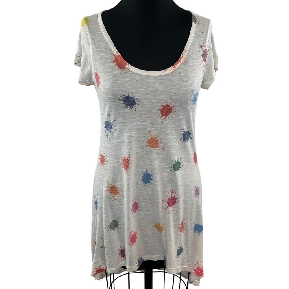 Vintage GO COUTURE White Long Short Sleeve Splatter Multi Color Top XL ( M )